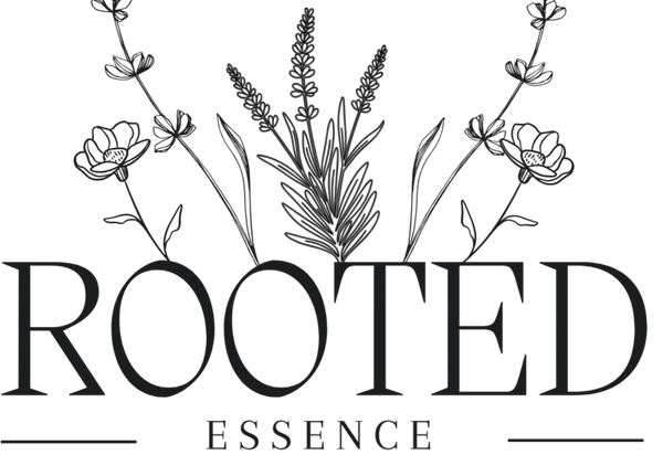 Logo for 'Rooted Essence' with black botanical illustrations on a white background